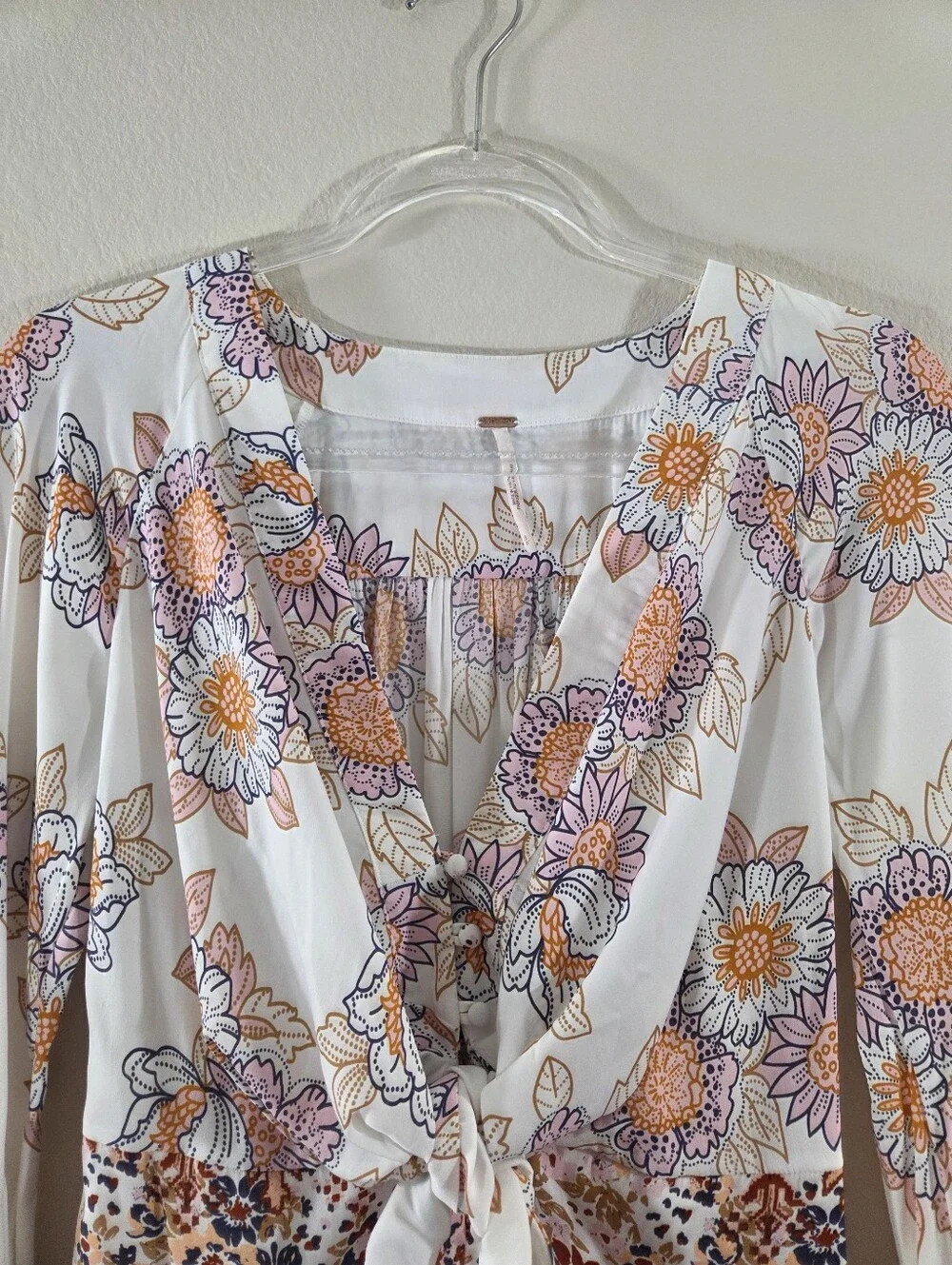 FREE PEOPLE Run Free Boho Mixed Floral Print Tie Front Long Sleeve Tunic Blouse